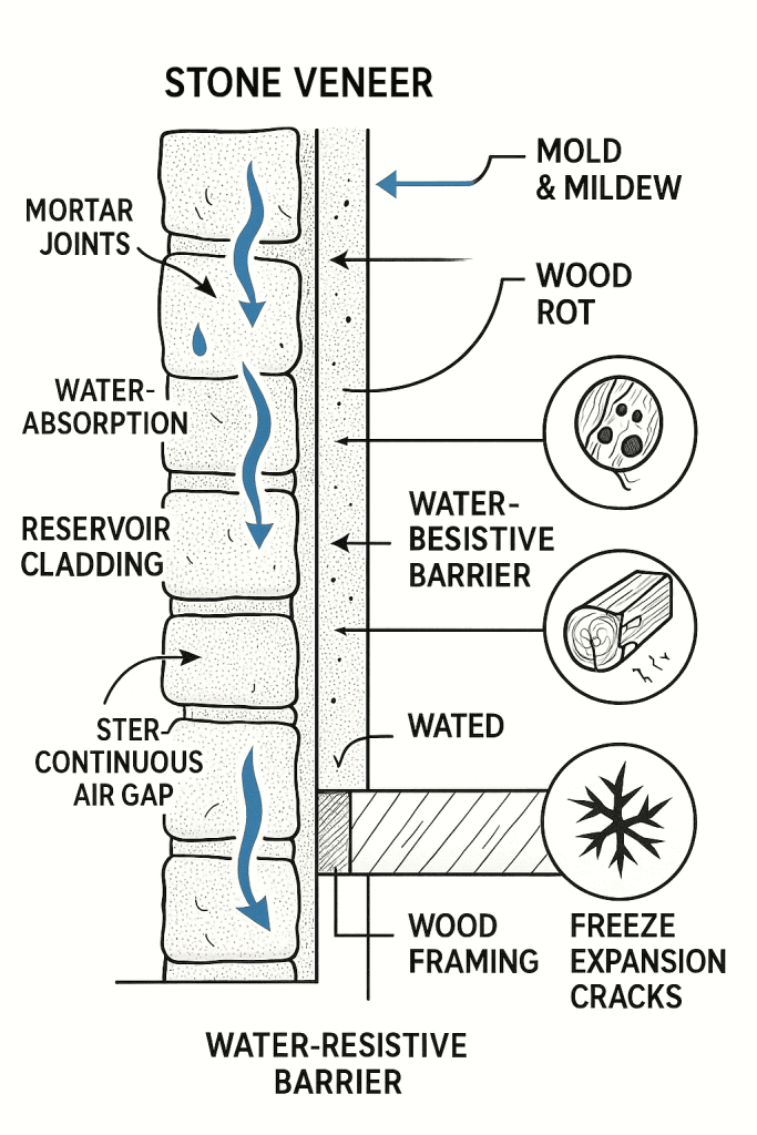 image showcasing how water gets into stone veneer installations 