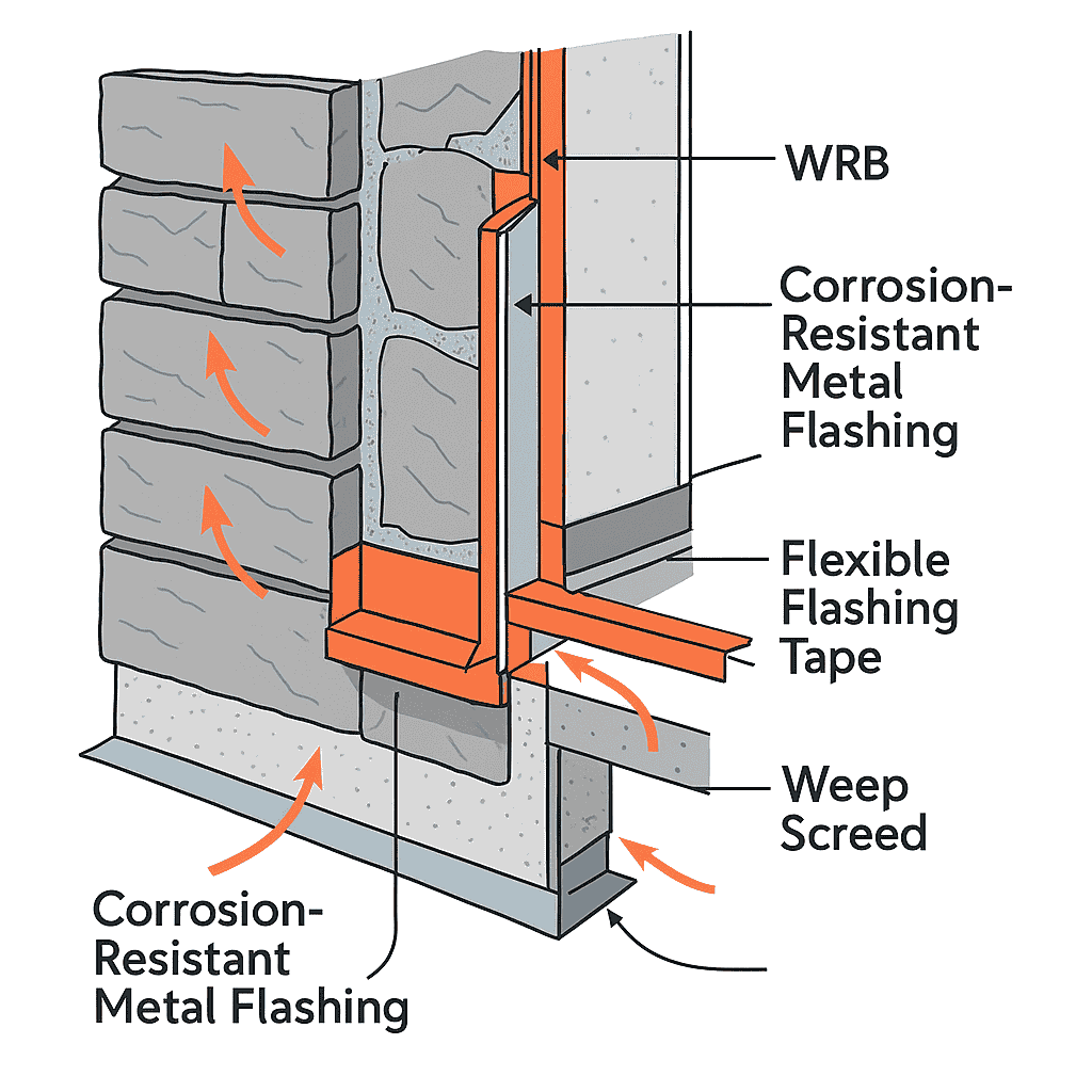 Image showcasing how flashing is added to stone veneer installations 